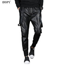 Idopy-Pantalones harén de cuero sintético para hombre, pantalón de estilo Hip Hop, con puños en el tobillo, cintura elástica, con cordón, para correr 2024 - compra barato