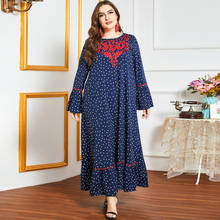 2021 Plus Size Long Sleeve Turkey Arabic Muslim Clothes Navy Blue Ethnic Embroidery Maxi Dress 2024 - buy cheap