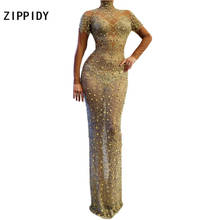 Gold Sparkly Rhinestones Mesh Long Dress Birthday Celebrate Dress Wear Prom Dance Female Singer Transparent Dresses 2024 - buy cheap