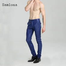 Samlona-pantalones ajustados de piel sintética para hombre, pantalón Sexy de talla grande, color azul y rojo, Ropa de baile Kpop 2024 - compra barato