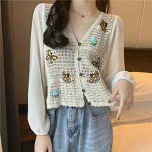 2021 spring new design square collar butterfly knitted stitching hollow loose long-sleeved blouse tops women's clothing 2024 - buy cheap