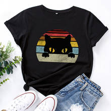 Camiseta de algodón con estampado de gato negro para mujer, remera de manga corta, Camisetas informales para mujer, Camisetas divertidas 2024 - compra barato