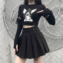 NCLAGEN Drawstring Patchwork Long Sleeve Crop Top Printed Gothic Bodycon T Shirt Women Streetwear Punk Black Autumn Fashion Tees 2024 - buy cheap