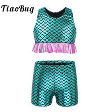 TiaoBug Kids Fish Scales Printed Crop Top with Gymnastics Shorts Girls Ballet Jazz Dancewear Stage Performance Mermaid Costume 2024 - buy cheap