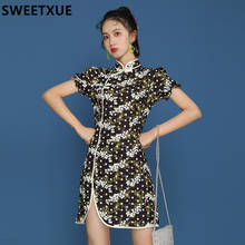 SWEETXUE French Cheongsam Retro Female Young Girl Puff Sleeve Cute Split Print Dress Women's Clothing 2024 - buy cheap