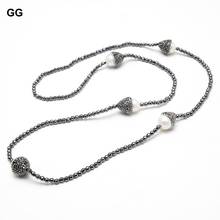 GG Jewelry-collar largo de hematita negra para mujer, cadena de suéter con perla blanca Natural de Keshi, CZ pavimentada, 34 pulgadas 2024 - compra barato