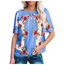 Camisa feminina vintage manga curta, blusa feminina florida estampada folgada gola redonda plus size 2024 - compre barato