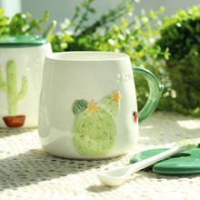 Taza de cerámica creativa con Cactus, taza con tapa y cuchara para el hogar, leche, desayuno, agua, se puede calentar en el microondas, 470ml 2024 - compra barato