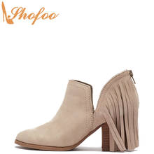 Brown Ankle Boots High Chunky Heels Almond Toe Booties Zip Woman Large Size 15 16 Ladies Winter Fashion Fringe Sexy Shoes Shofoo 2024 - buy cheap