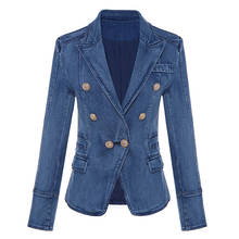 Alta qualidade denim jaqueta feminina outono inverno duplo breasted leão botão fivela de lavagem água denim casaco feminino blazer jaquetas 2024 - compre barato