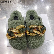 New Runway Gold Chain Closed Toe Flat Slippers Women Sheep Curly Thick Sole Mules Woman Round Toe Furs Brand Shoes For Women 2024 - buy cheap