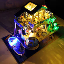 Casa de muñecas de madera con Kits LED para niños, juguete de casa de muñecas en miniatura, con piscina de mar azul, bricolaje, regalo de Navidad 2024 - compra barato
