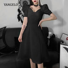 Vintage Black Midi Dress Goth High Waist Ruched Corset Dresses Elegant Sexy V Neck Party Dress French Puff Sleeve Outfit 2024 - buy cheap