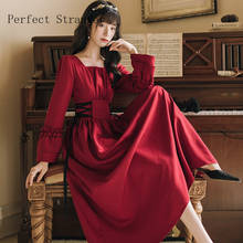 2021 Autumn New Arrival High Quality Hot Sale Square Collar  Bandage Collect Waist Women Long Dress Red 2024 - buy cheap