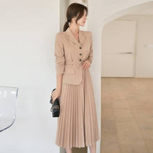 2022 Spring New Korean Style Office Lady Notched Collar Long Sleeve Slim Dress Women Fashion Pleated Mid-Calf Temperament Dress 2024 - buy cheap