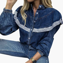 Camisa jeans feminina moda azul manga longa, outono primavera, casual, renda sólida, patchwork, gola virada para baixo, tops para mulheres d30 2024 - compre barato