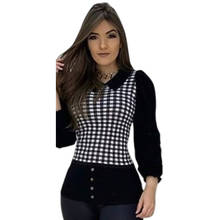 New Long Sleeve Plaid Blouse Women Autumn Doll Collar Tops Shirts Female Slim Patchwork Elegant Blouse Button Black Tops Women 2024 - buy cheap