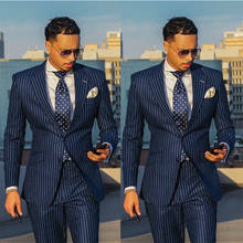 Blue Striped Suit Mans Suit For Wedding Business Suit Prom dresses Party Dress  Best Man Wear Groom Wear Two Piece(Jacket+Pants) 2024 - buy cheap