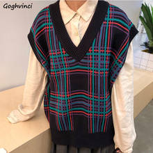 Sweaters Vest Women Knitted V-neck Plaid Preppy Style Students Leisure Vintage Loose Retro Ulzzang Chic Sleeveless Autumn Tops 2024 - buy cheap
