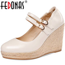 FEDONAS-zapatos de tacón alto con hebilla de Metal para mujer, calzado de piel auténtica con punta redonda, cuña de fiesta, novedad de 2021 2024 - compra barato