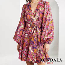 KONDALA-Vestido corto de manga larga con estampado Floral para Mujer, minivestido Vintage con cuello de pico y fajas para fiesta, 2020 2024 - compra barato