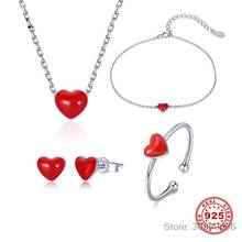 Классический набор ювелирных изделий из стерлингового серебра 925 пробы, ожерелье Красное сердце + серьги + кольцо + браслет, подарок для женщин 2024 - купить недорого