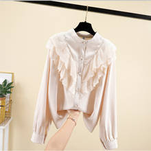 Blusa feminina manga comprida com babados, camisa feminina estilo primavera outono gola redonda com botões e rendas sp695 2024 - compre barato