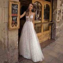 Beach Wedding Dress Glitter A Line V Neck Backless Lace 3D Floral Appliques Boho Wedding Gowns Plus Size Bridal Dress 2024 - buy cheap
