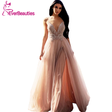 Vestido Formatura Spaghetti Straps Prom Dresses Long 2020 Tulle Lace Appliques Beaded Vestidos De Gala Side Slit Robe De Soiree 2024 - buy cheap