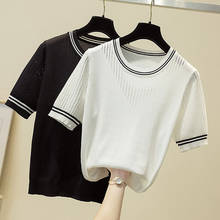 Ljsxls camiseta de malha fina feminina, camiseta casual estilo coreano, de manga curta, com elasticidade, preto e branco, verão 2021 2024 - compre barato