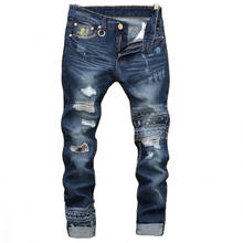 Fashion Slim Ripped Jeans For Men Holes Hip-Hop Skull Tearing Male Straight Denim Pants Size 28-38 2024 - buy cheap