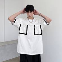 Camiseta masculina de algodão solto, t-shirt de manga curta com bolso e fita, rebite, estilo japonês, moda coreana, harajuku streetwear 2024 - compre barato