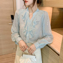 Blusa holgada Vintage para mujer, camisa harajuku de manga larga con volantes y cuello en V, blusa de gasa, 141F, 2021 2024 - compra barato