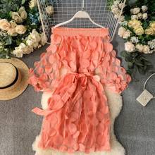 Dress Women Fashion Dimensional Flower Bubble Sleeve Three Quarter Closing Waist Slash Neck Elegant Dress Solid Color Vestidos 2024 - buy cheap