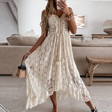 Women Elegant Deep V Neck Solid A-Line Party Dress Sleeveless Lace Tassel Sexy Ladies Dress 2022 Summer Beach Style Female Dress 2024 - buy cheap