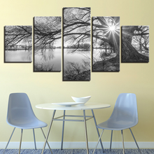 5 peças imagens de tela para sala de estar arte parede pôster quadro lakeside grandes árvores pinturas preto branco paisagem decoração da casa 2024 - compre barato