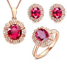 MOONROCY Rose Gold Color CZ Crystal Red Crystal Earring and Ring Necklace Wedding Jewelry Set Flower for Women Gift Dropshipping 2024 - buy cheap