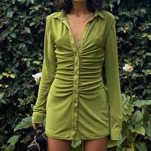 Sexy Mini Slim Dress Women Green Club Party Dress Turn-Down Collar Button Short Dresses Female Elegant Streetwear Shirt Vestidos 2024 - buy cheap