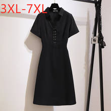 New 2021 summer plus size dresses for women large loose short sleeve black French style vintage V-neck bow dress 4XL 5XL 6XL 7XL 2024 - buy cheap
