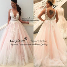 Blush Pink Wedding Dresses Lace A Line V Neck Open Back Sheer Straps Bridal Gowns Appliques Petals Long Beach robe de mairee 2024 - buy cheap