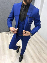 2020 Three Piece Royal Blue Men Suits Peaked Lapel Custom Made Wedding Tuxedos Slim Fit Male Suits (Jacket + Pants + Vest) 2024 - buy cheap