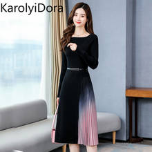 Elegant Long-Sleeved Slim Knitted Patchwork Gradient Color Pleated Sweater Dress 2020 Autumn Women Office Midi Dress With Belt 2024 - buy cheap