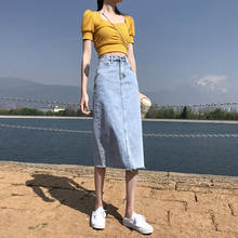 New 2021 Summer Vintage High Waist Tassel Slit Denim Skirt Female Korean Style A Line Blue Mid-calf Length Jeans Skirts Z105 2024 - buy cheap