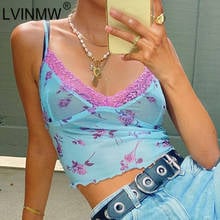 LVINMW Transparent With Lace Sexy Slim Camis Spring Patchwork V Neck Sleeveless Crop Top Fashion Flower Printed Mesh Tops Women 2024 - buy cheap