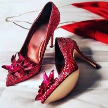 Red Rhinestone High Heels Wedding Shoes Bride Pointed Toe Slip-On Thin Heels Pumps Women Cut-Out Crystal Heels Dress Shoes 2024 - buy cheap