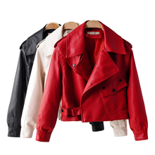 New Spring Women Faux Leather Jacket Biker Red White Coat Turndown Collar PU Motorcycle Jackets Loose Streetwear Outerwear 2024 - buy cheap