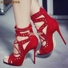 ALMUDENA Red Suede Caged Sandals Thin High Heel Cut-out Lace-up Shoes Open Toe Net Cross Strappy Wedding Pumps Big Size47 Shoes 2024 - buy cheap