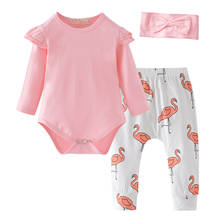 Moda bebê recém-nascido roupas da menina conjunto casual rosa bodysuit topos flamingo calças bowknot bandana 3 pçs roupas infantis 2024 - compre barato
