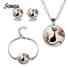 Fashion Black Cat Jewelry Set Silver Color Kitten Cartoon Print Glass Cabochon Pendant Necklace Bracelet Earrings Sets for Women 2024 - buy cheap