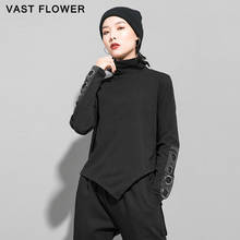 Camiseta negra con cuello alto para mujer, remera de manga larga, informal, holgada, ropa 2021 2024 - compra barato